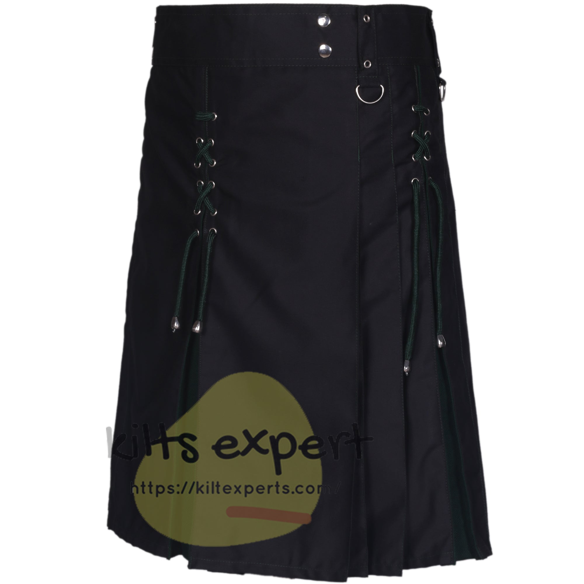 Black Cotton & Solid Green Hybrid Kilt – Stylish Utility Kilt with Laced Details & Pockets - Kilt Experts