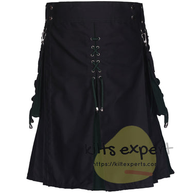 Black Cotton & Solid Green Hybrid Kilt – Stylish Utility Kilt with Laced Details & Pockets - Kilt Experts