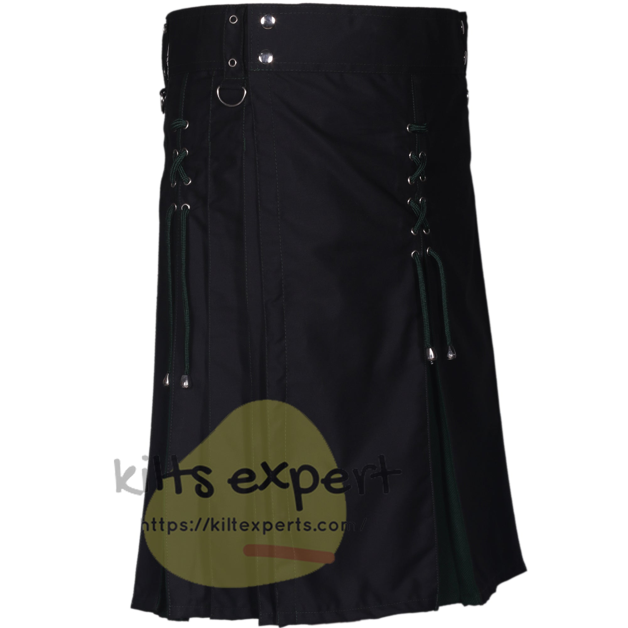 Black Cotton & Solid Green Hybrid Kilt – Stylish Utility Kilt with Laced Details & Pockets - Kilt Experts