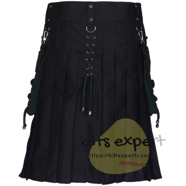 Black Cotton & Solid Green Hybrid Kilt – Stylish Utility Kilt with Laced Details & Pockets - Kilt Experts