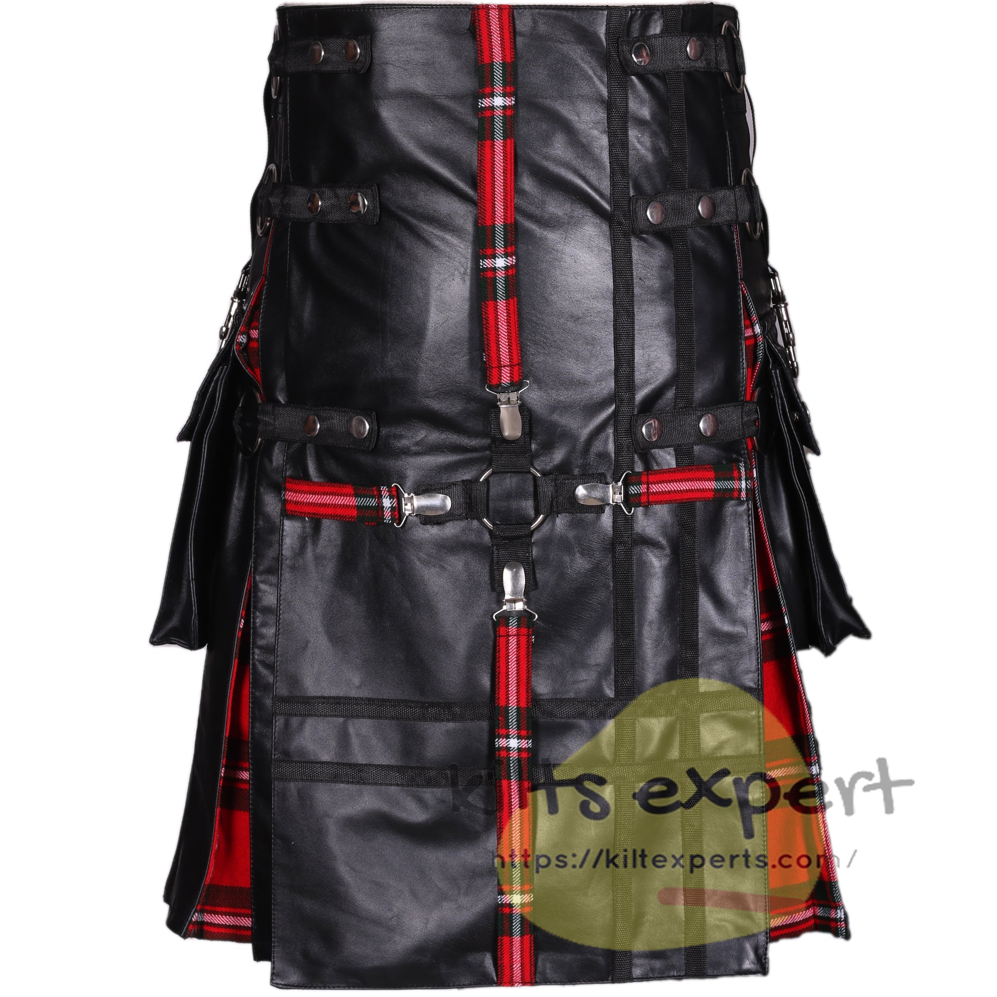 Black Cowhide Leather Hybrid Kilt with MacGregor Tartan - Various Colors in Stock (On Promotion) - Kilt Experts