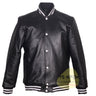 Black Cowhide Leather Varsity Jacket for Men – Genuine Leather Baseball Bomber Jacket with Ribbed Collar & Snap Buttons - Kilt Experts