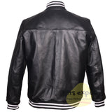 Black Cowhide Leather Varsity Jacket for Men – Genuine Leather Baseball Bomber Jacket with Ribbed Collar & Snap Buttons - Kilt Experts