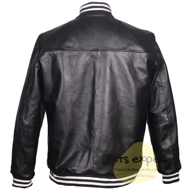 Black Cowhide Leather Varsity Jacket for Men – Genuine Leather Baseball Bomber Jacket with Ribbed Collar & Snap Buttons - Kilt Experts