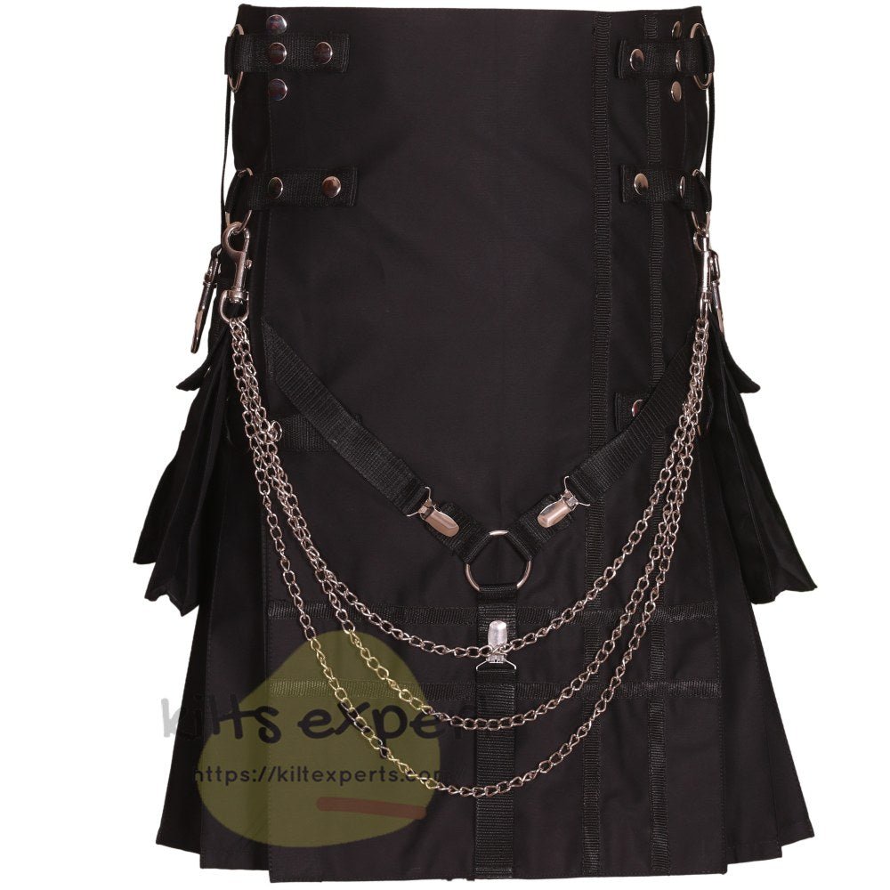 Black Deluxe Utility Fashion Kilt with Chain 100% Cotton 16-oz Heavy Fabric - Kilt Experts