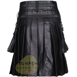 Black Genuine Cowhide Leather Kilt with Large Cargo Pockets - Kilt Experts