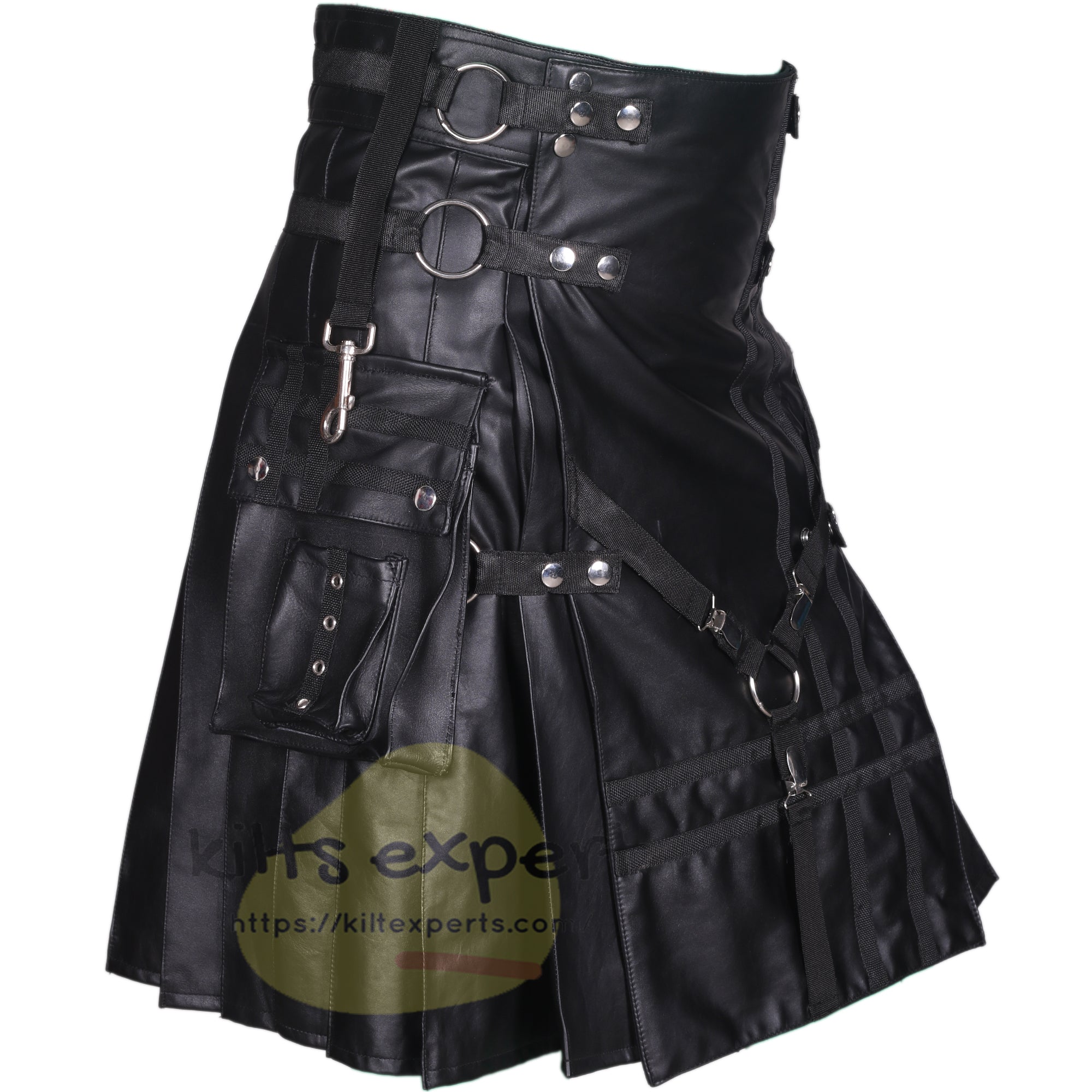 Black Genuine Cowhide Leather Kilt with Large Cargo Pockets - Kilt Experts