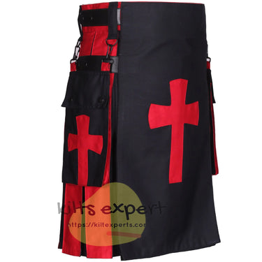 Black Hybrid Kilt with Red Pleats & Cross Design – Utility Kilt with Detachable Pockets