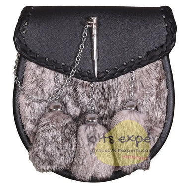 Black Leather Sporran With Grey Rabbit Fur - Sporrans