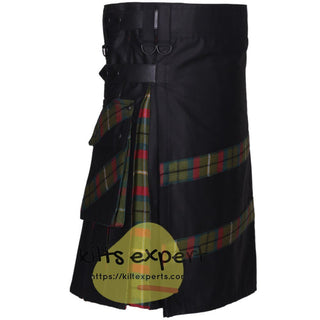 Black Leather Straps Hybird Kilt By Using County Mayo Tartan In Pleats, Front And on the Pockets - Kilt Experts