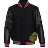 Black Varsity Jacket with Leather Sleeves – Wool Blend Body Baseball Bomber Jacket with Acrylic Ribbed Collar & Snap Buttons for Men - Kilt Experts