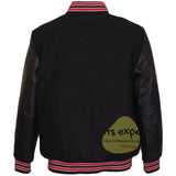 Black Varsity Jacket with Leather Sleeves – Wool Blend Body Baseball Bomber Jacket with Acrylic Ribbed Collar & Snap Buttons for Men - Kilt Experts