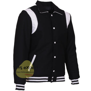 Black Wool Blend Varsity Jacket with White Shoulder Panels – Baseball Bomber Jacket with Black & White Ribbed Trim and White Snap Buttons - Kilt Experts