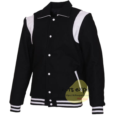 Black Wool Blend Varsity Jacket with White Shoulder Panels – Baseball Bomber Jacket with Black & White Ribbed Trim and White Snap Buttons - Kilt Experts
