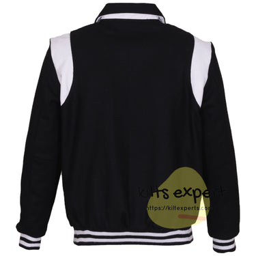 Black Wool Blend Varsity Jacket with White Shoulder Panels – Baseball Bomber Jacket with Black & White Ribbed Trim and White Snap Buttons - Kilt Experts
