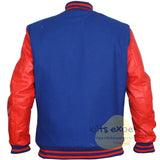 Blue Wool Blend Varsity Jacket with Orange Leather Sleeves – Men’s Baseball Bomber Jacket with Blue & Orange Ribbed Collar, Cuffs & Hem - Kilt Experts