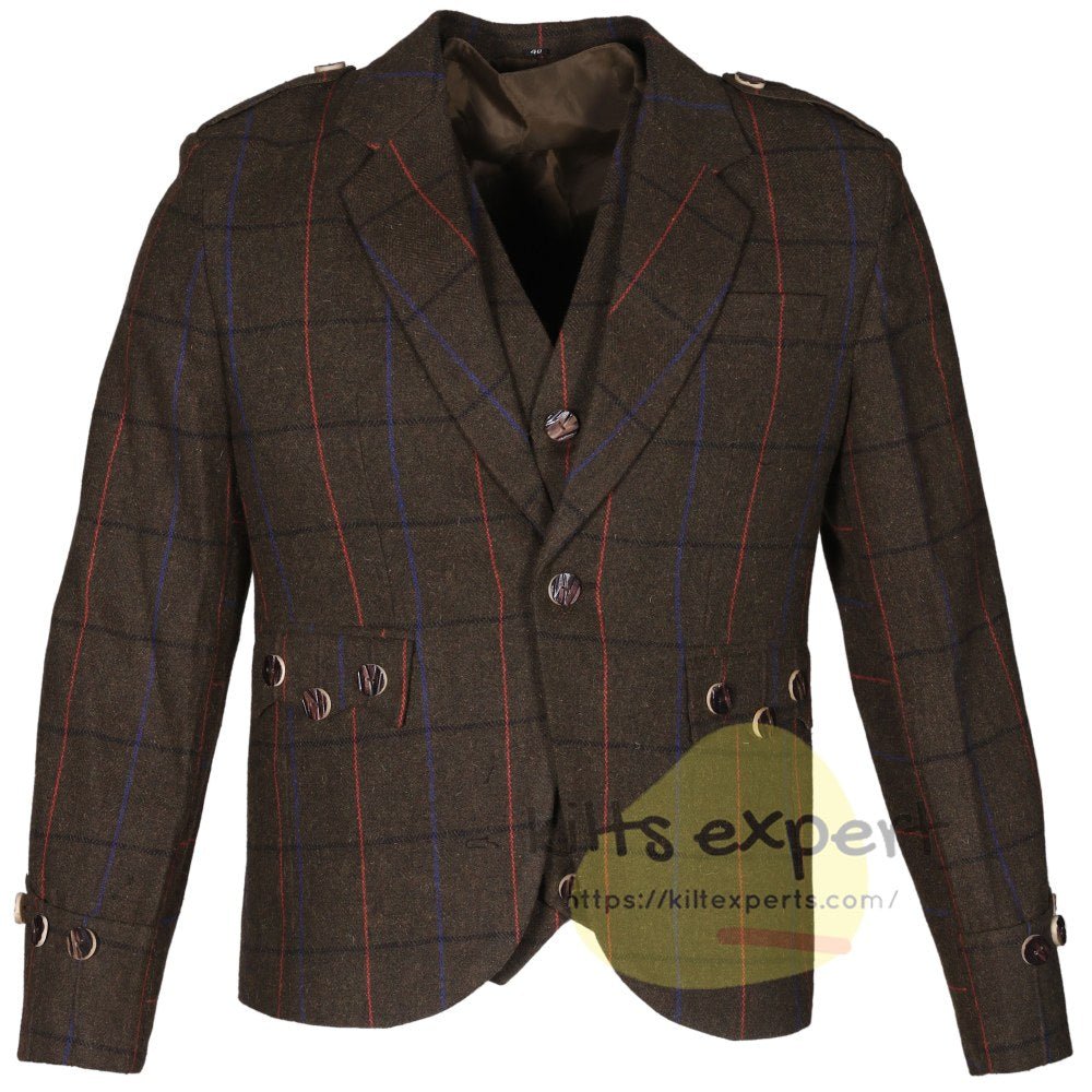 Brown Tweed Argyle Jacket & Vest with Red & Blue Accents - Kilt Experts