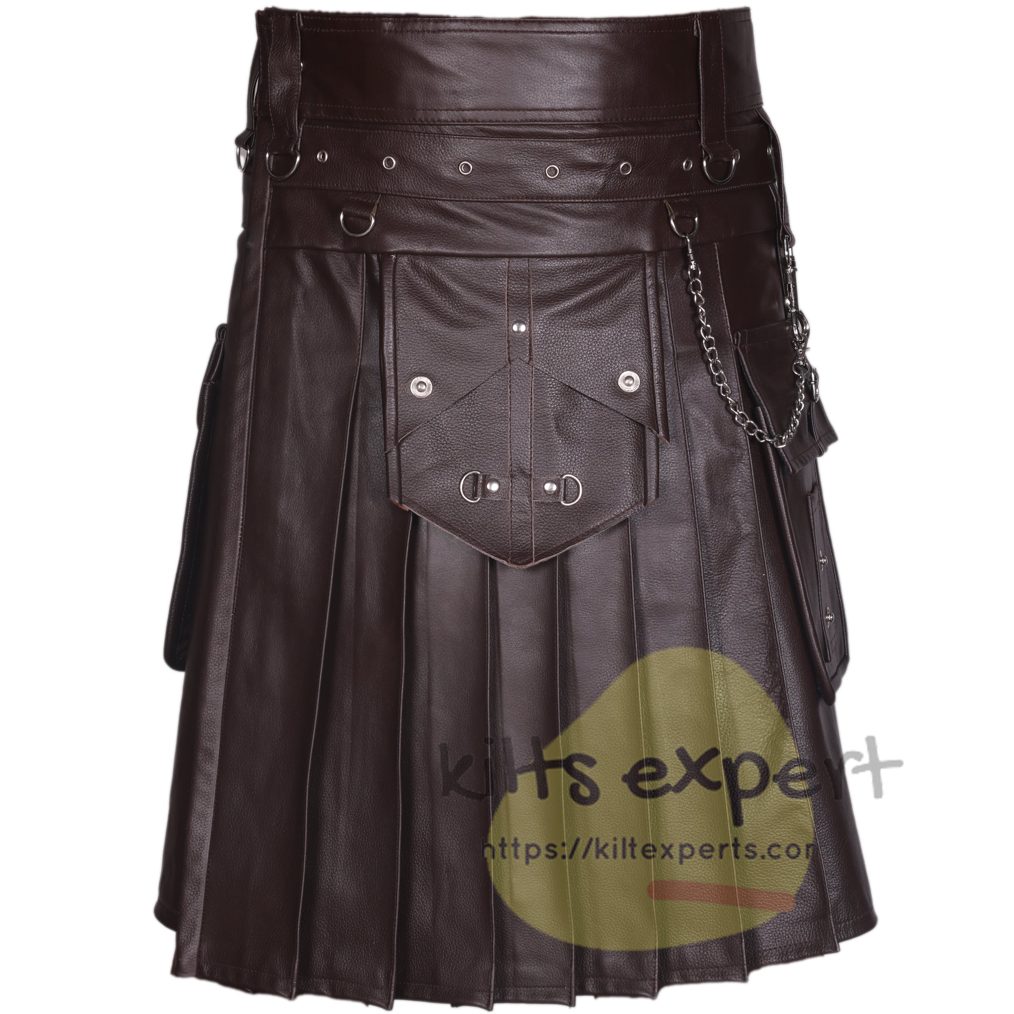 Chocolate Brown Gothic Cowhide Leather Kilt – Utility Kilt with Pockets & Chains - Kilt Experts