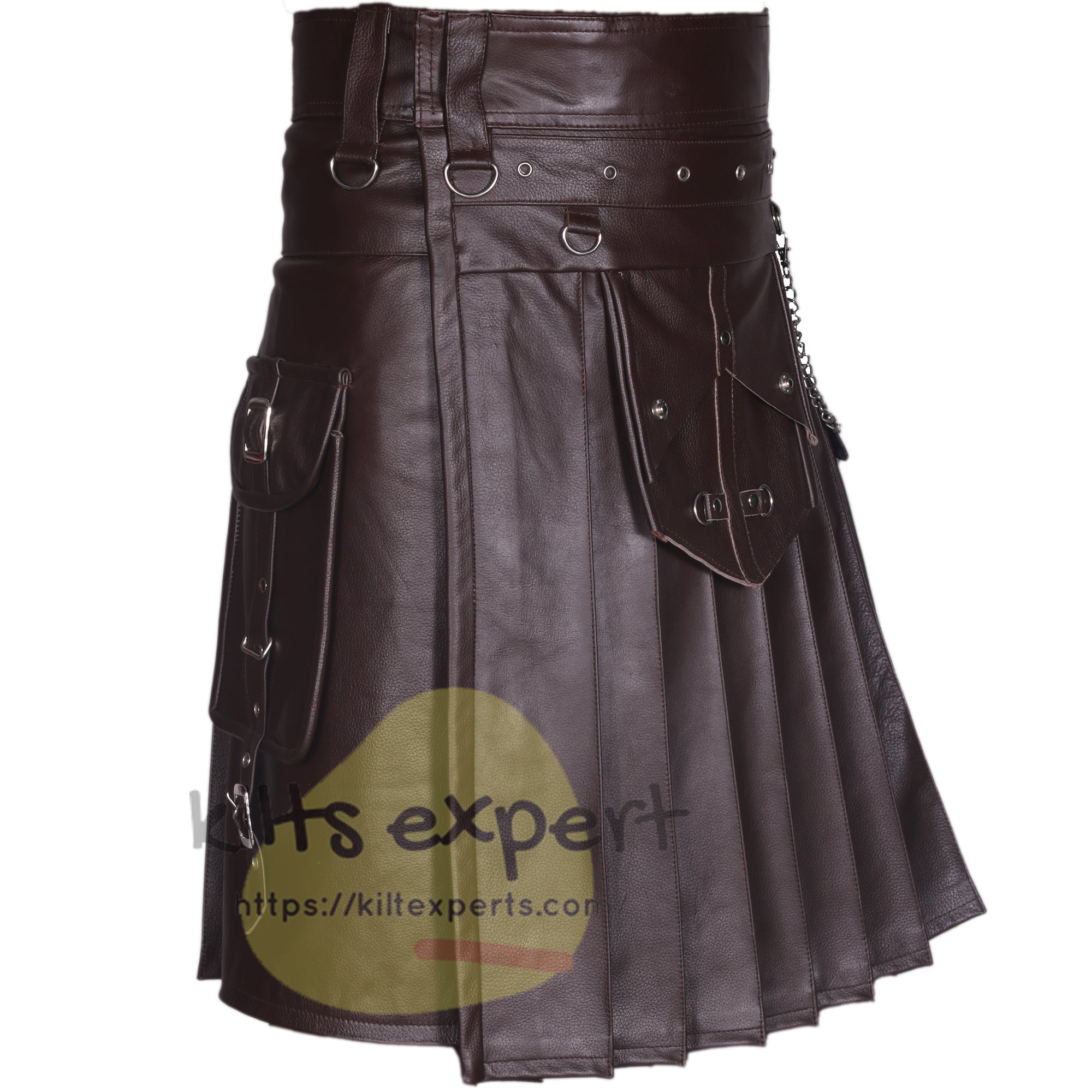 Chocolate Brown Gothic Cowhide Leather Kilt – Utility Kilt with Pockets & Chains - Kilt Experts