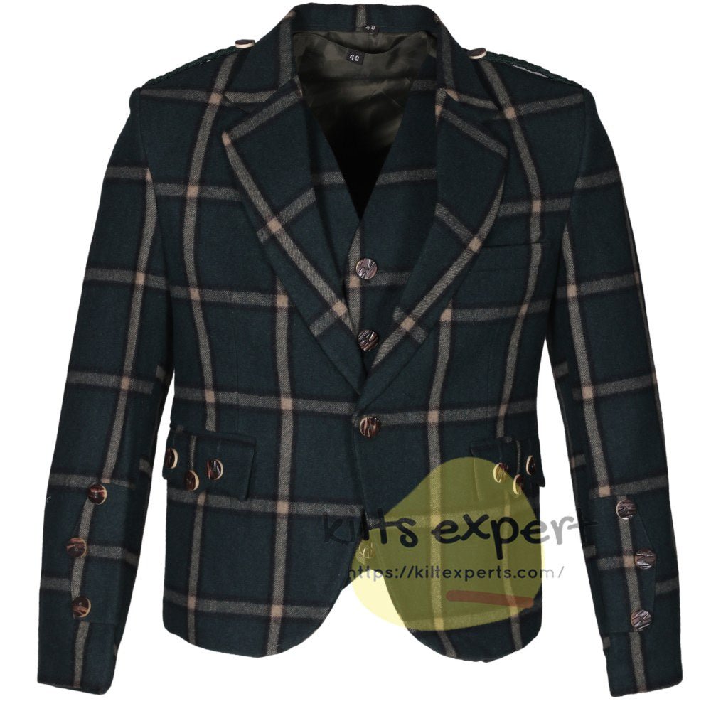 Green Pure Wool Argyll Jacket With 5 Button Waistcoat/Vest - Kilt Experts