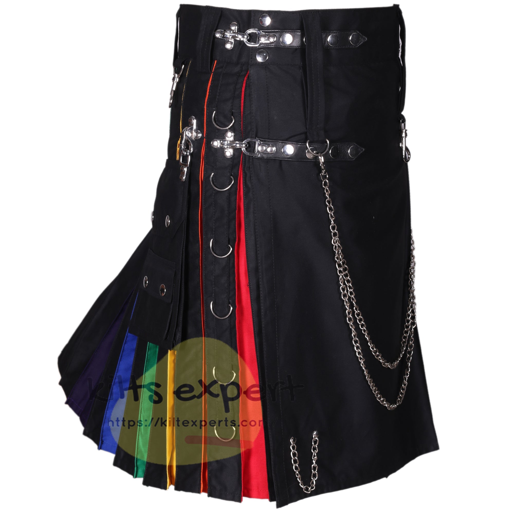 New Stud Rainbow Detachable Utility Kilt with Chains – 100% Cotton with Leather Straps & Cargo Pockets - Kilt Experts