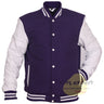 Purple Wool Blend Varsity Jacket with White Leather Sleeves – Men’s Baseball Bomber Jacket with Purple & White Ribbed Trim and Stainless Snap Buttons - Kilt Experts