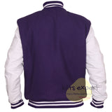 Purple Wool Blend Varsity Jacket with White Leather Sleeves – Men’s Baseball Bomber Jacket with Purple & White Ribbed Trim and Stainless Snap Buttons - Kilt Experts