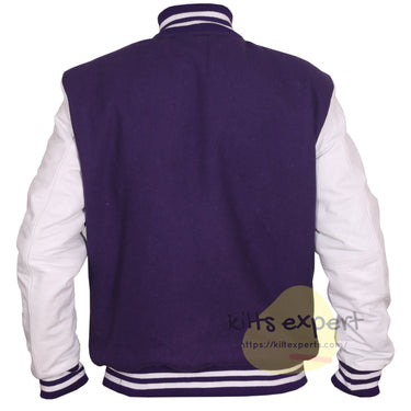 Purple Wool Blend Varsity Jacket with White Leather Sleeves – Men’s Baseball Bomber Jacket with Purple & White Ribbed Trim and Stainless Snap Buttons - Kilt Experts