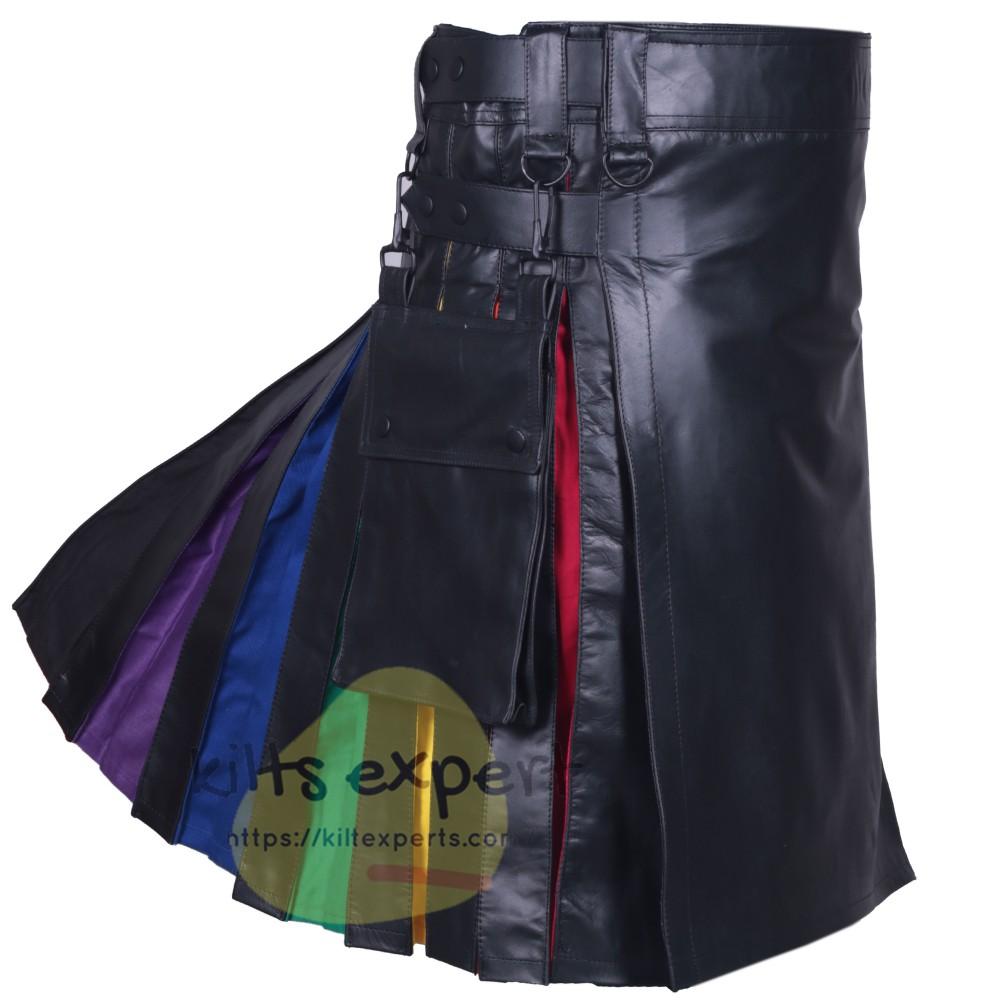 USA Buyers Only - Cowhide Leather Rainbow Leather Straps Kilt With Detachable Pockets - Kilt Experts