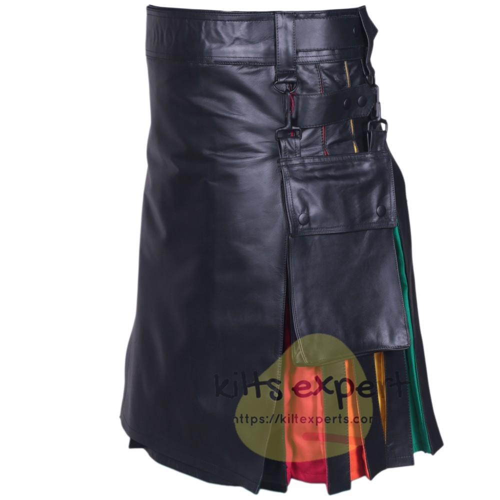 USA Buyers Only - Cowhide Leather Rainbow Leather Straps Kilt With Detachable Pockets - Kilt Experts