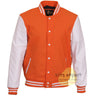 Varsity Letterman Orange Wool & White Genuine bomber Leather Sleeves college Jacket - Kilt Experts