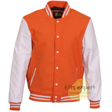 Varsity Letterman Orange Wool & White Genuine bomber Leather Sleeves college Jacket - Kilt Experts