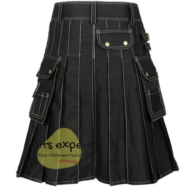 Black 4 Button Stylish Kilt With White Thread Kilt Experts