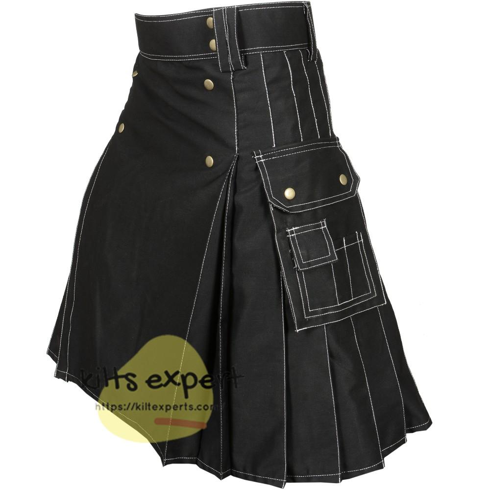 Black 4 Button Stylish Kilt With White Thread Kilt Experts