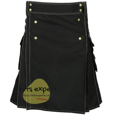 Black 4 Button Stylish Kilt With White Thread Kilt Experts