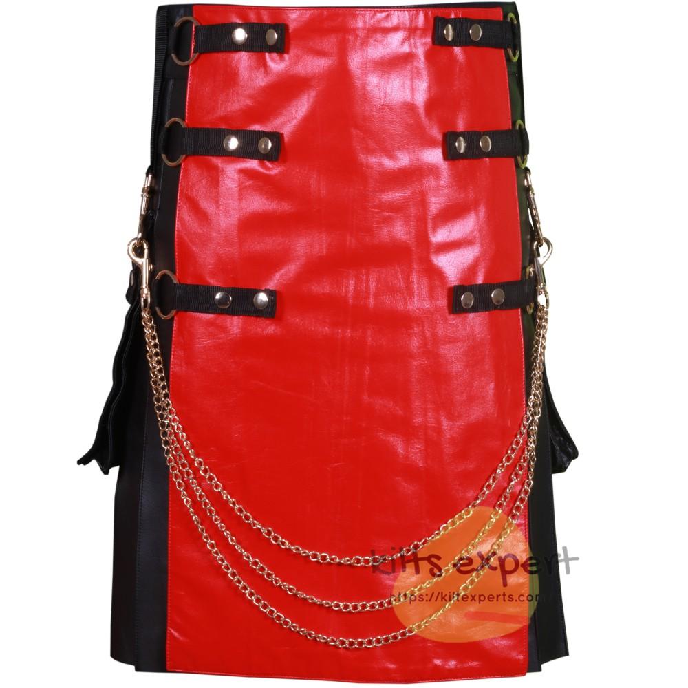 Black Fashion Leather Kilt With Red Apron And Chain Kilt Experts