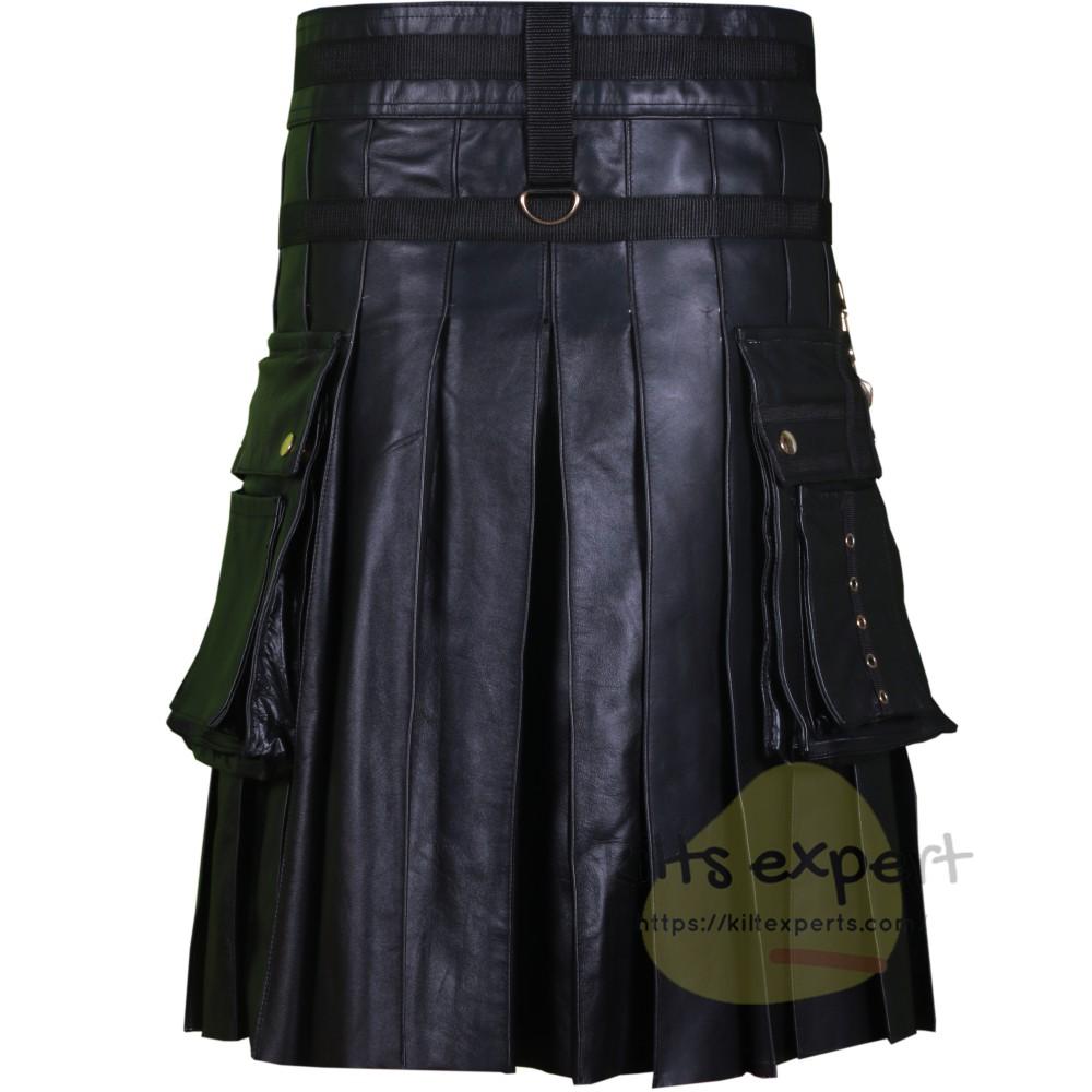 Black Fashion Leather Kilt With Red Apron And Chain Kilt Experts