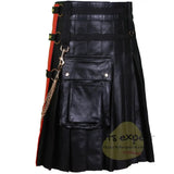 Black Fashion Leather Kilt With Red Apron And Chain Kilt Experts