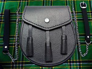 Black Leather Basic Three Teasal Sporran For Men With Chain Belt (In EU Warehouse) - Kilt Experts