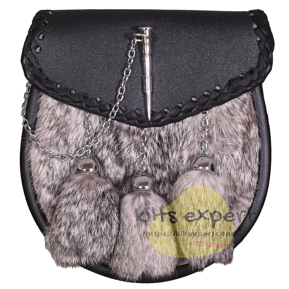 Black Leather Sporran With Grey Rabbit Fur - Sporrans - Kilt Experts