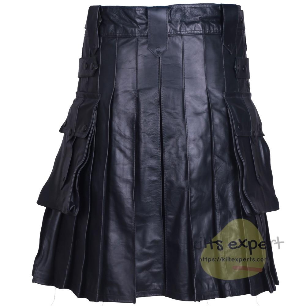 Black Modern Pure Cowhide Leather Kilts Kilt Experts