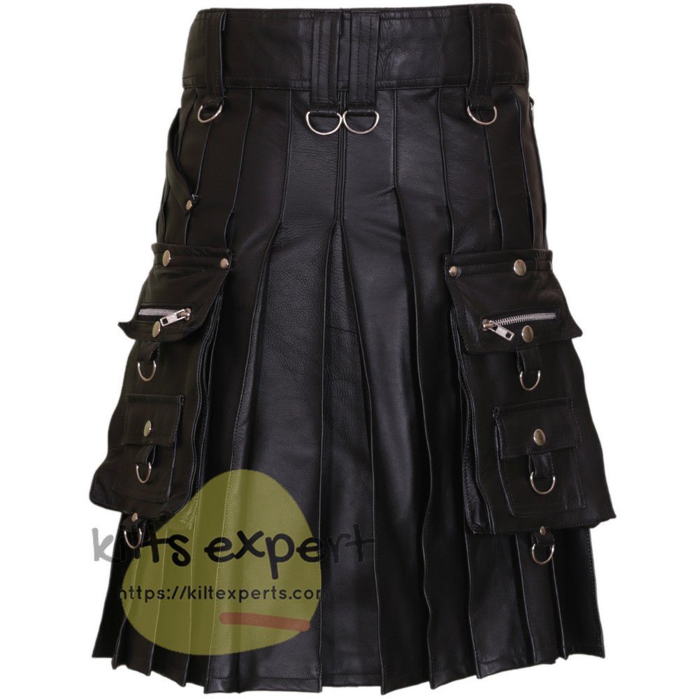 Black Real Cowhide Leather Kilt With Detachable Chain - Kilt Experts