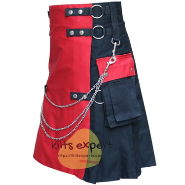 Black & Red Fashionable Kilt With Detachable Chain Kilt Experts
