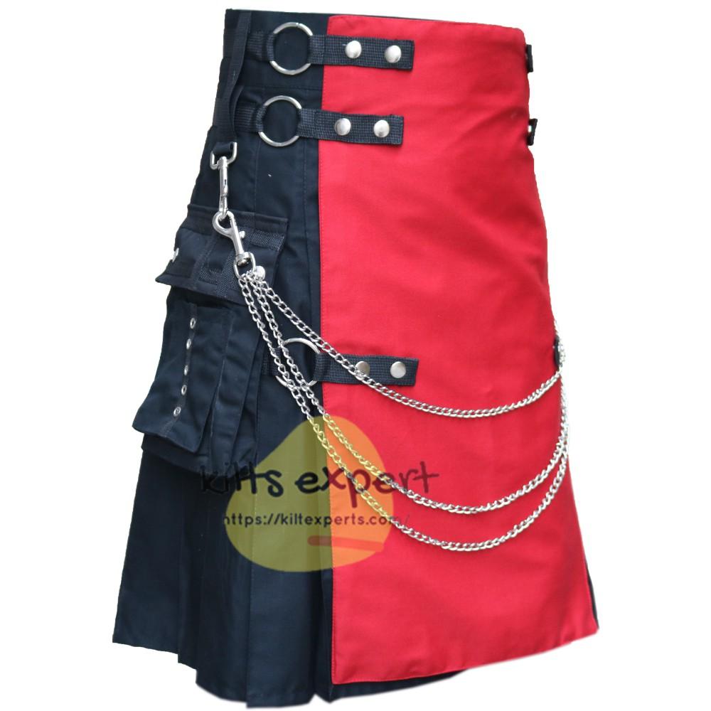 Black & Red Fashionable Kilt With Detachable Chain Kilt Experts