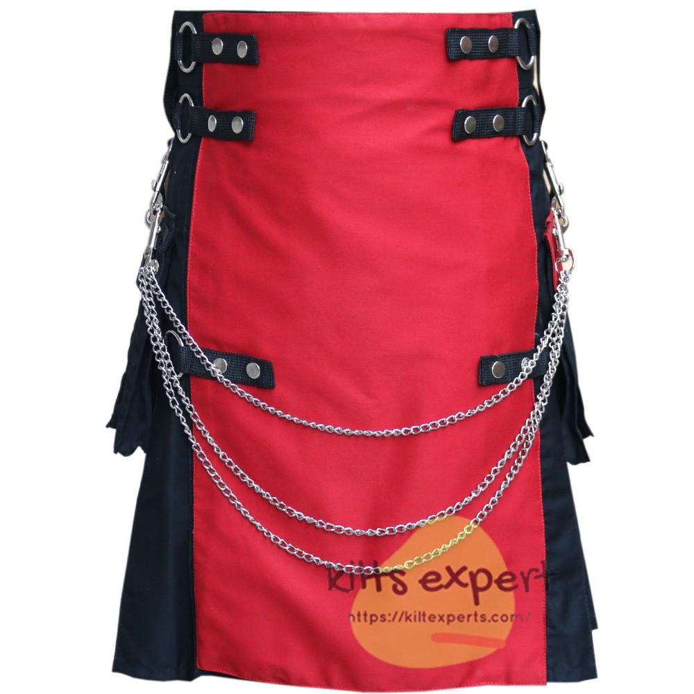 Black & Red Fashionable Kilt With Detachable Chain Kilt Experts