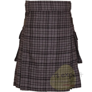 Black Shadow Tartan Heavy 16OZ Leather Straps Utility Kilt - Kilt Experts