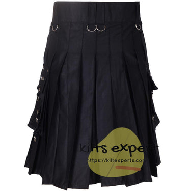 Black Wedding Hybird Kilt In Cotton/Leather - Kilt Experts