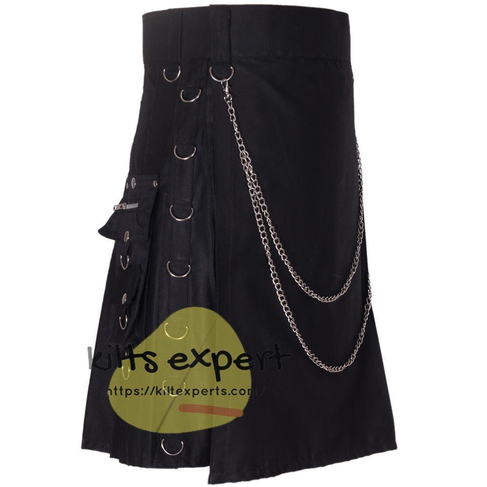 Black Wedding Hybird Kilt In Cotton/Leather - Kilt Experts