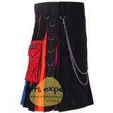 Black Wedding Rainbow Kilt With Stylish Pockets & Chain - Kilt Experts