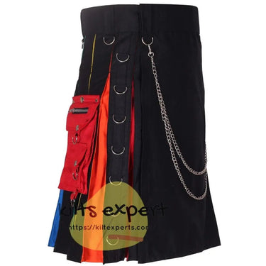 Black Wedding Rainbow Kilt With Stylish Pockets & Chain - Kilt Experts